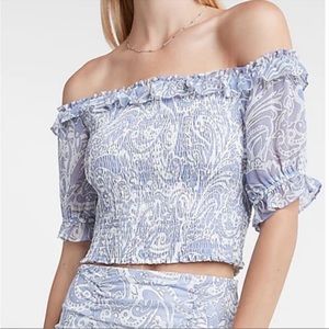 Express Tops Express
Cropped Off The Shoulder 
Blue/White SZ M